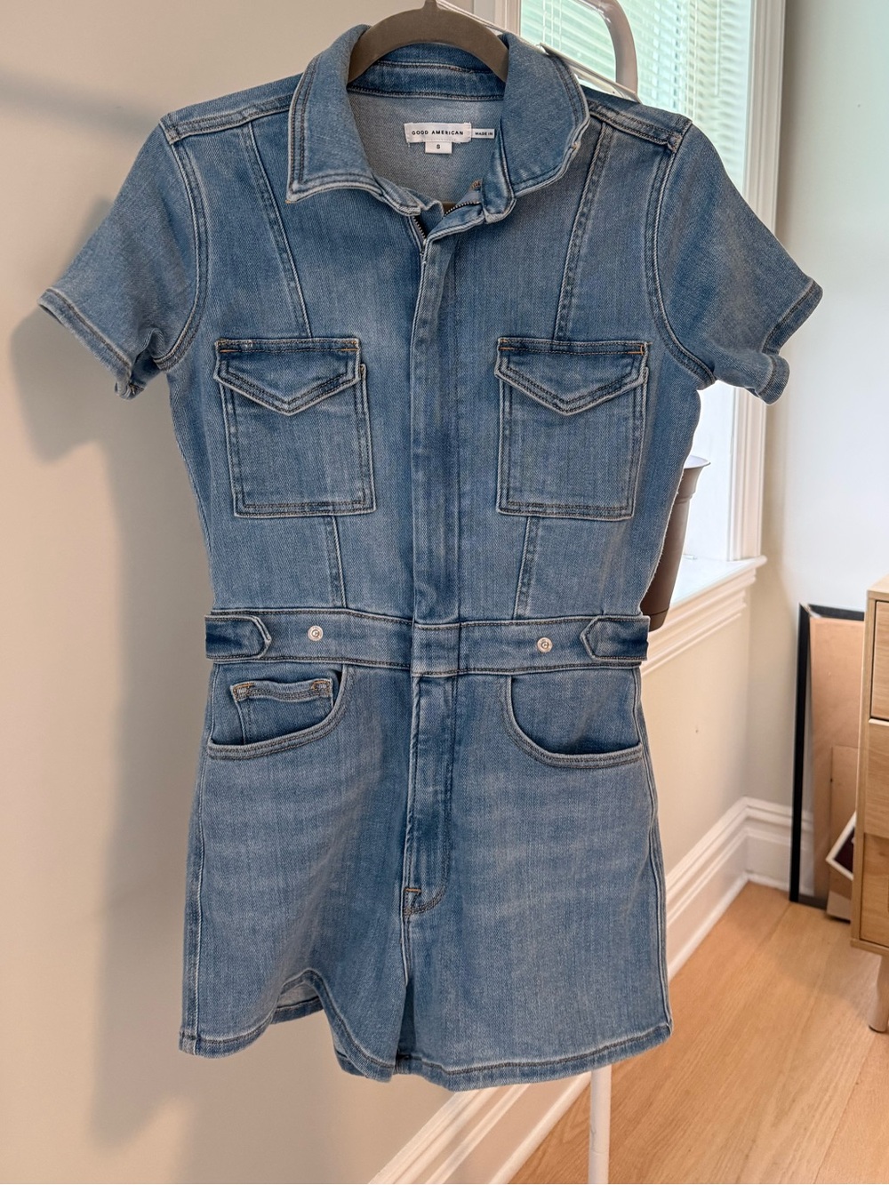Good American Light Blue Denim Shortall Romper